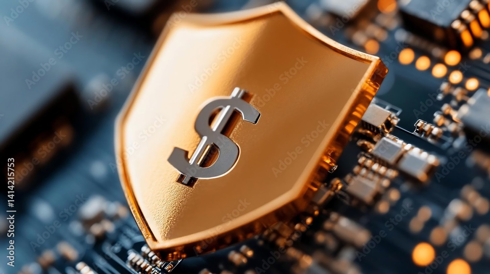 Poster golden shield with dollar symbol on circuit board security concept