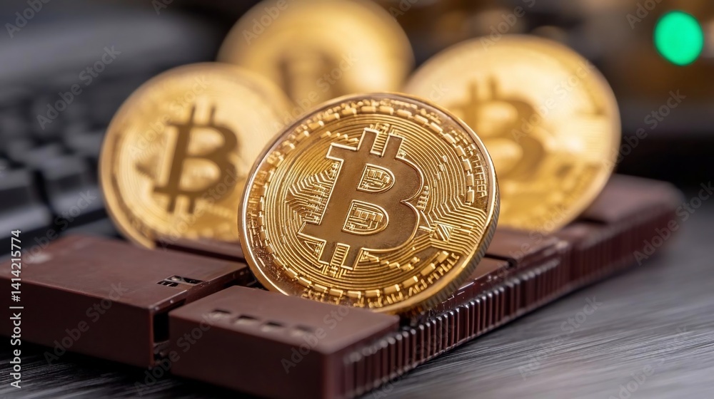 Aufkleber Golden coins arranged on a dark keyboard showcasing cryptocurrency. The composition highlights digital finance and investment with a shallow depth of field and selective focus