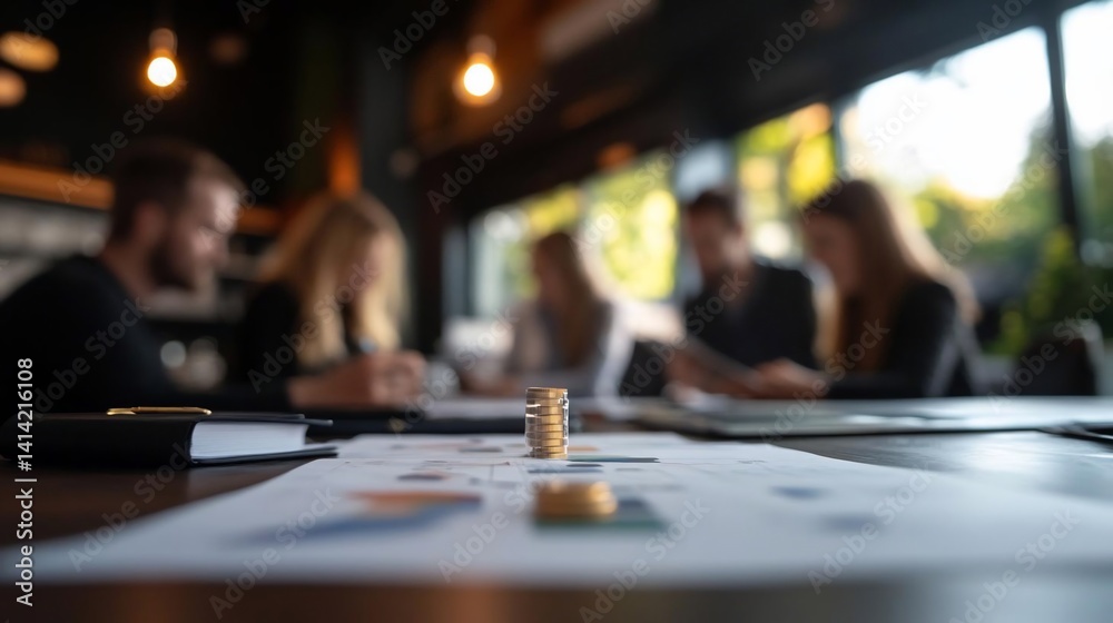 Poster business team meeting around a table with documents and coins in focus. blurred background with indi