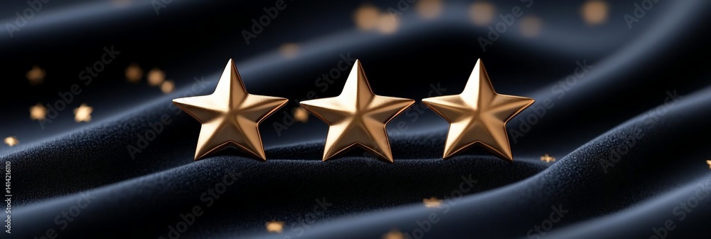 Poster Three golden stars sit on a textured dark blue fabric creating a luxurious abstract scene with small bokeh lights adding subtle sparkle in background