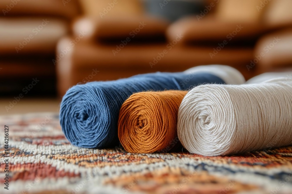 Poster close-up of three yarn spools in blue orange and white on a patterned rug with a blurred background 