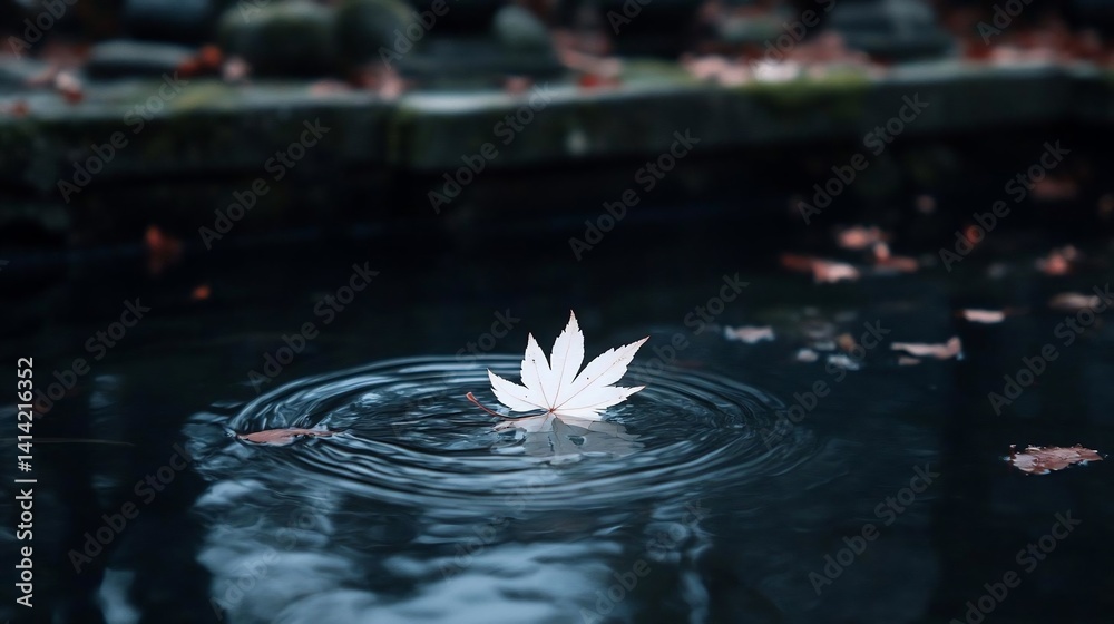 Poster A single white leaf floats on the surface of dark water creating concentric ripples. The background features blurred greenery and stone structures, evoking a sense of serenity