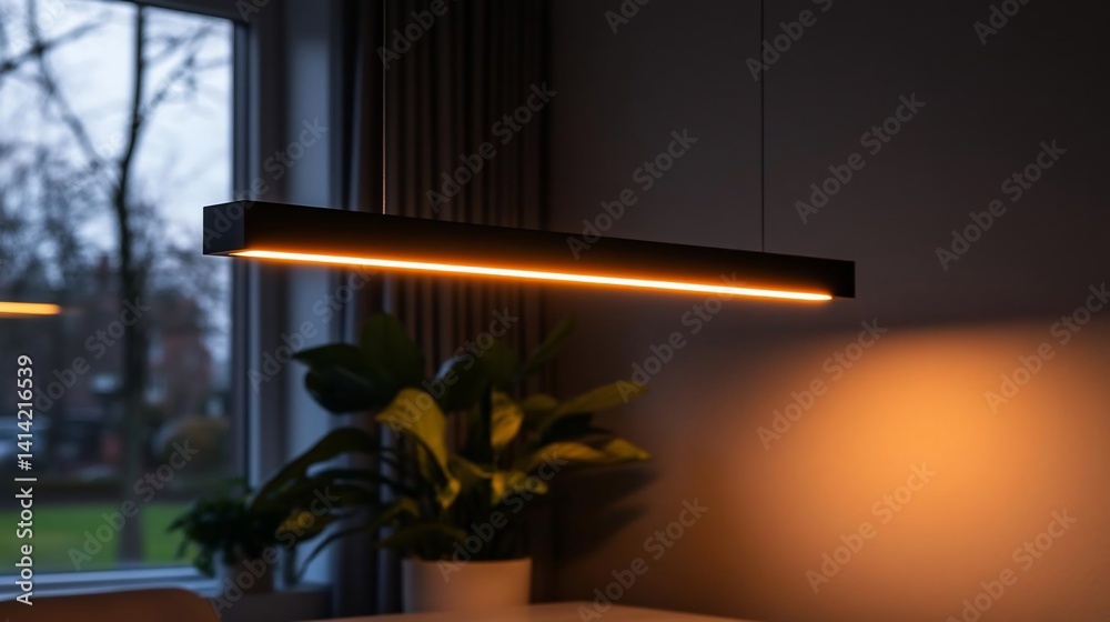 Aufkleber modern rectangular ceiling light fixture with warm yellow glow illuminating a living room with plant