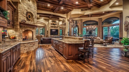 Rustic, luxurious kitchen-living area