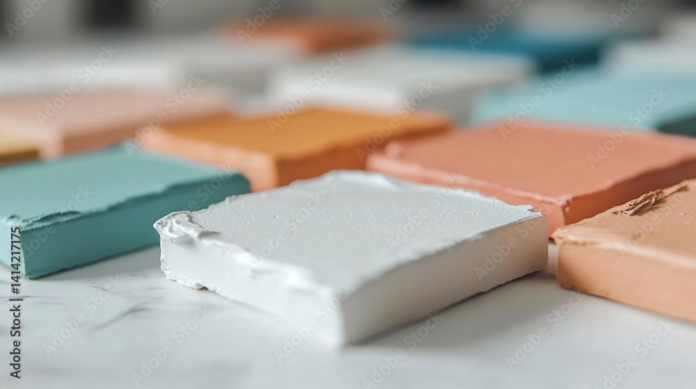 Poster Close-up shot of colorful square tiles arranged in a grid on a white marble surface soft focus with varying pastel hues of blue orange pink and beige