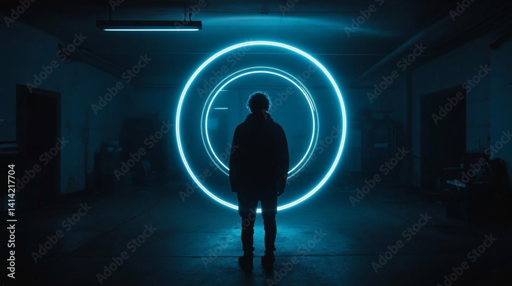Poster Silhouette of a person standing before glowing blue circles in a dark room with a mysterious atmosphere. The image features a neon light effect