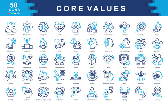 The Core Values icon set highlights principles like integrity, passion, and collaboration ideal for defining workplace culture, leadership identity, and organizational alignment.