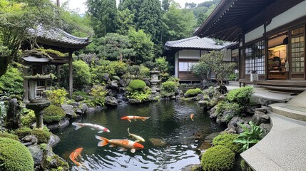 Fototapeta premium Colorful koi fish swimming in a garden pond at a temple in Fukushima