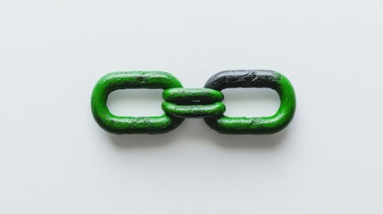 Artistic depiction of a stylized green and black chain link on a minimalistic white background emphasizing connection and strength.