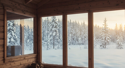 Fototapeta premium Serene Winter Cabin: Snow-Covered Pines Viewed Through Large Windows
