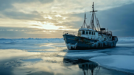 Water Boat on the ice water and sunset morning background. Ai generated.