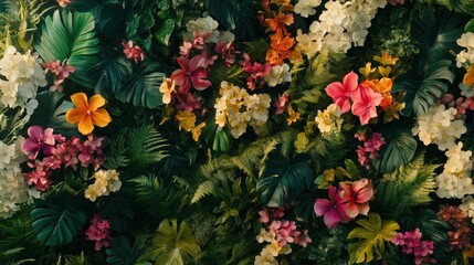Vibrant floral wall decor. Lush arrangement of colorful flowers and tropical foliage