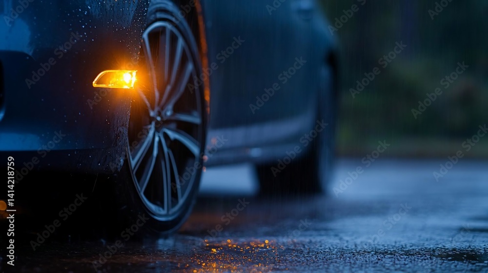 Poster close-up of a car wheel with the front indicator lights illuminated in a rainy environment. the wet 