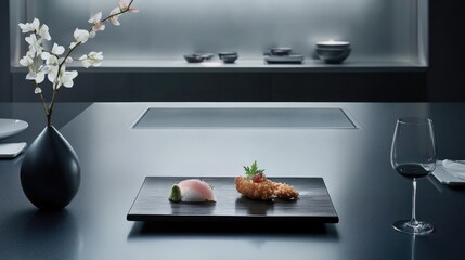 Elegant Japanese meal featuring tonkatsu and minimalist plating