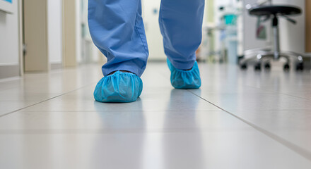 Fototapeta premium Healthcare Worker with Blue Protective Shoe Covers in Clinical Setting