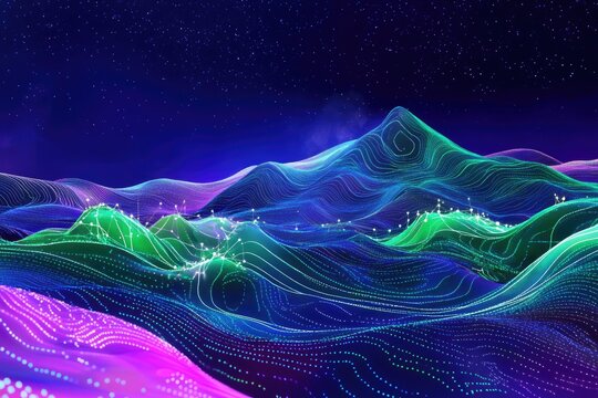 Abstract digital landscape with glowing lines and dots under a starry night sky.