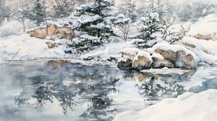 Frozen lake in the Urabandai region with snow-covered pine trees