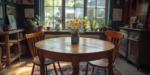 Rustic Interior with Wooden Table, Chairs, Flowers, and Natural Light by Window