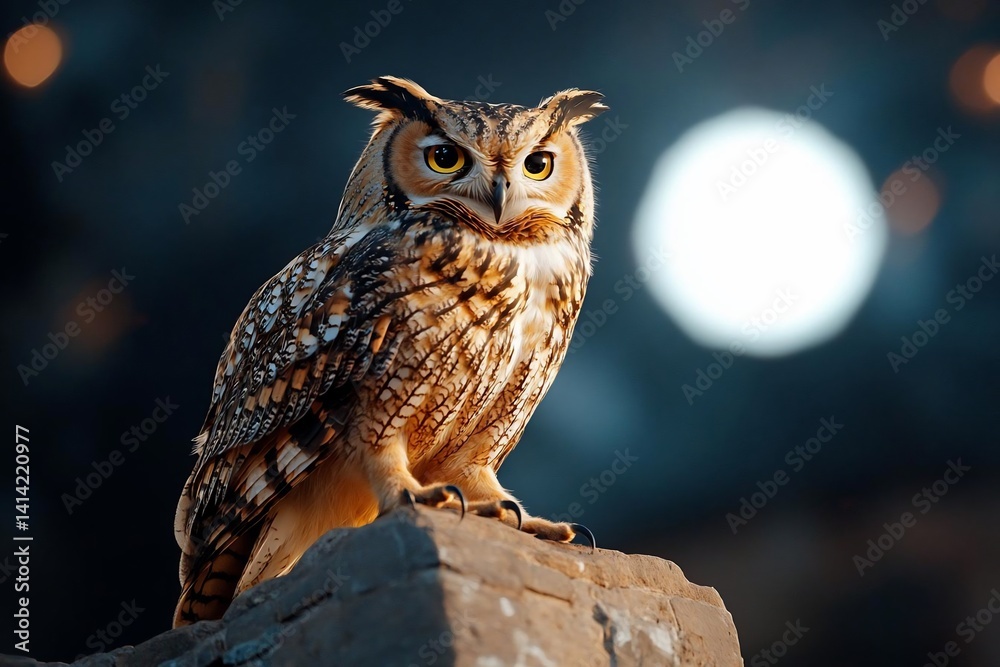 Poster A majestic owl perched on a stone structure with a blurred background featuring a large glowing orb. The owl displays detailed plumage and intense gaze under soft illumination