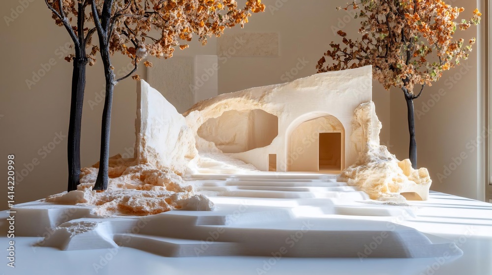 Aufkleber Architectural model showcasing a light-toned building with detailed textures and surrounding trees in a studio setting creating a serene and artistic ambiance