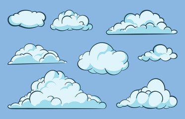 Premium Vector. Cartoon white clouds icon set isolated on blue background premium vector