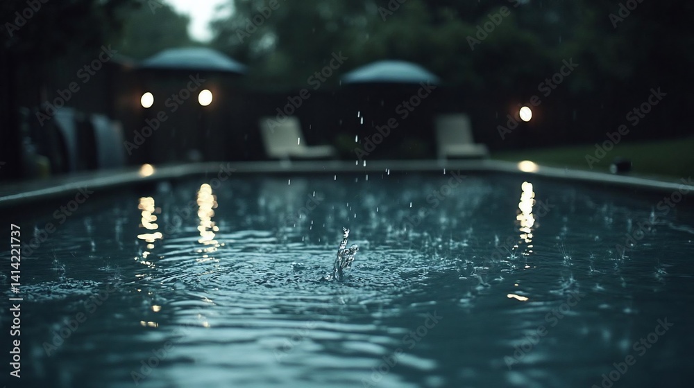 Poster Raindrops splashing in a tranquil pool reflecting soft lights and silhouettes creating a serene atmosphere during a downpour