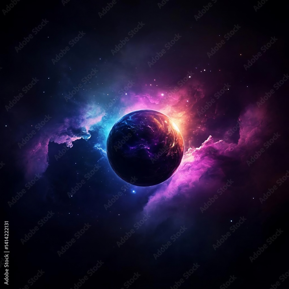 Poster abstract cosmic artwork depicting a celestial sphere enveloped by vibrant nebulae in space. a glowin
