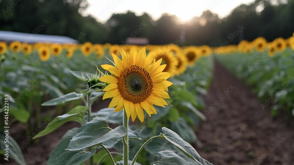 Leinwandbilder Close-up of a vibrant sunflower in a field rows under warm sunlight with blurred background, summer season. Focus on a single flower, capturing its detailed texture and color with depth of field