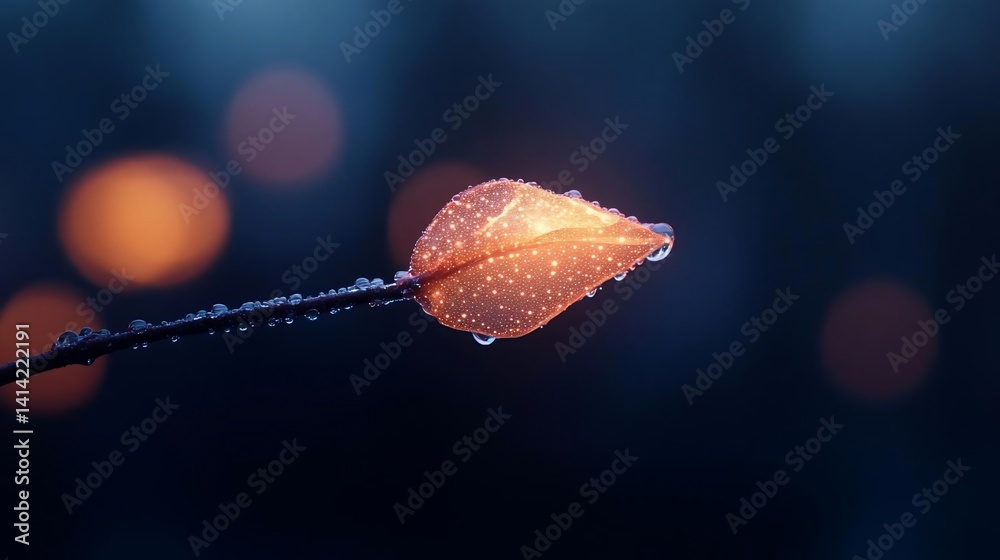 Fototapete Close-up of a frosted orange leaf with water droplets on a twig against a blurred bokeh background. The leaf glows softly with internal light, creating a serene and delicate atmosphere