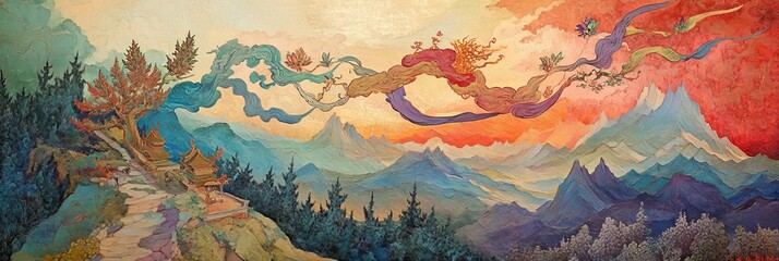 Fototapeta premium Abstract landscape painting featuring mountains trees and colorful sky.