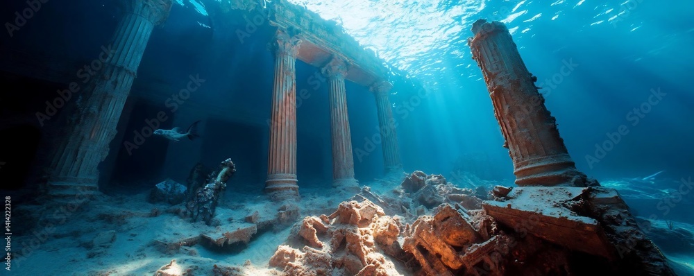 Aufkleber Submerged ancient architecture underwater with sunlight beams casting through the water. Ruins of columns and structures are visible creating a mysterious atmosphere. Divers explore the marine