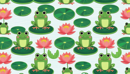 Fototapeta premium Whimsical Frog Pond Background Image Cute Amphibians Lily Pads Floral Pattern Wallpaper