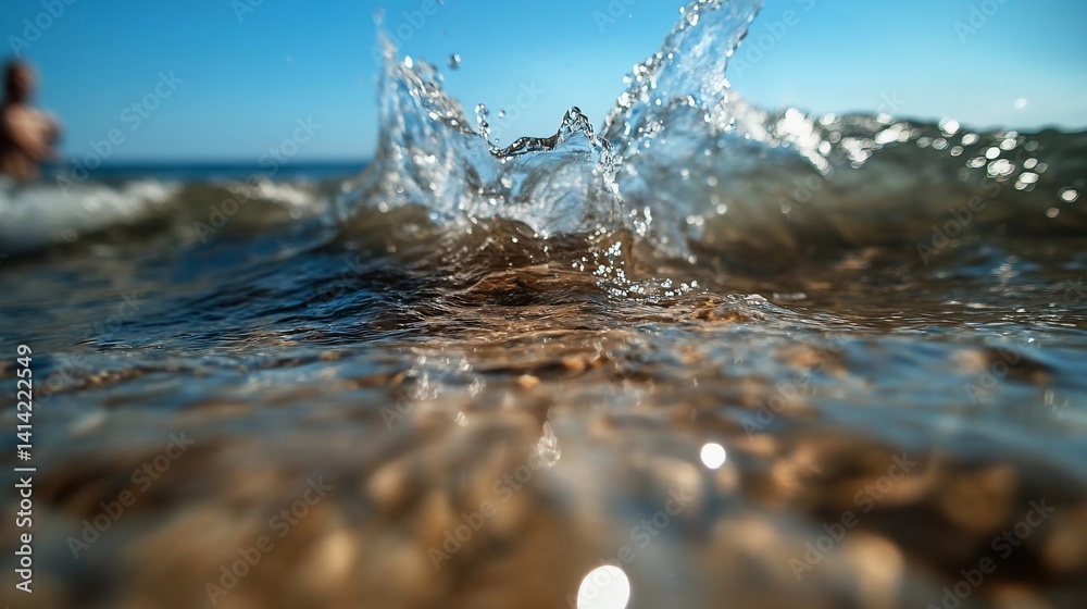 Poster Close-up of water splash in ocean wave with sunlight reflection and a blurred person in the background. Sunny beach with crystal clear water and golden sand