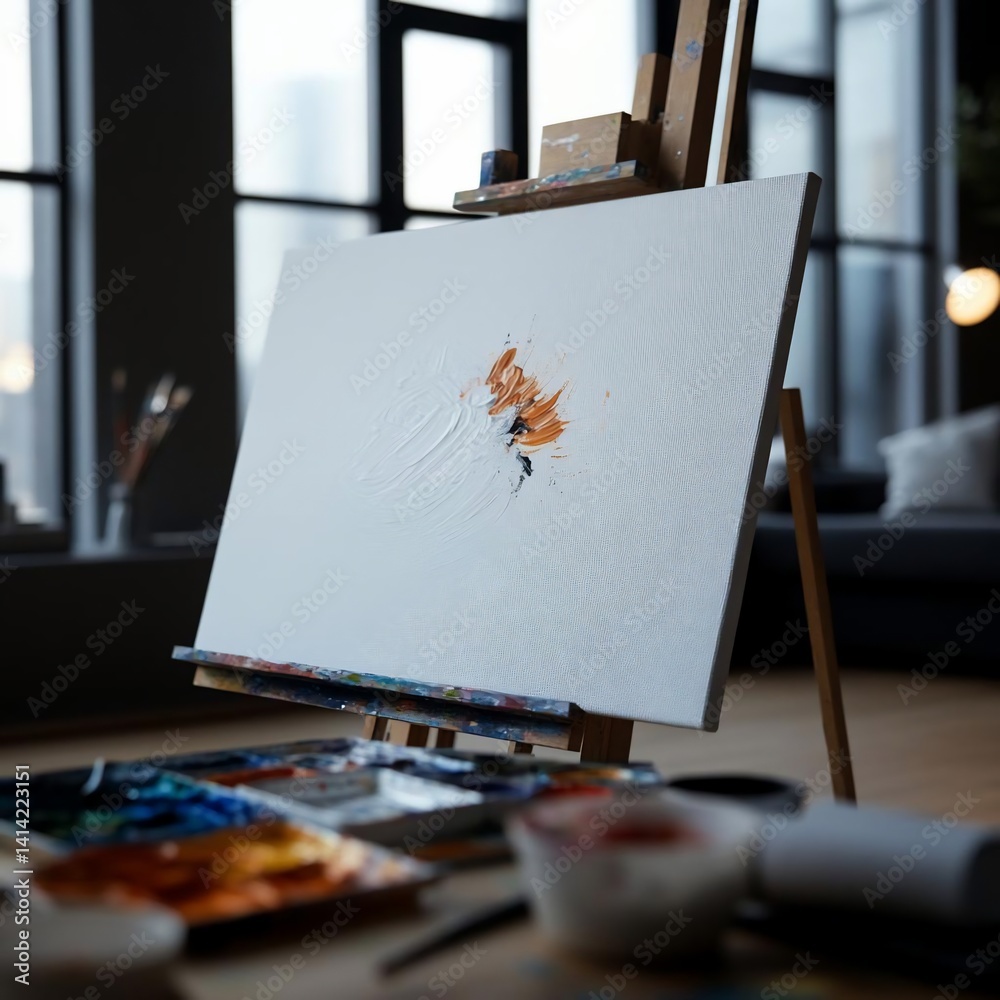 Poster an artistic composition features a wooden easel holding a blank canvas with a splash of color in a s