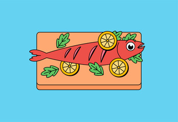 Cartoon illustration vector hand drawn of a whole red fish laid out on a peach cutting board, garnished with lemon slices and green herbs (likely arugula)