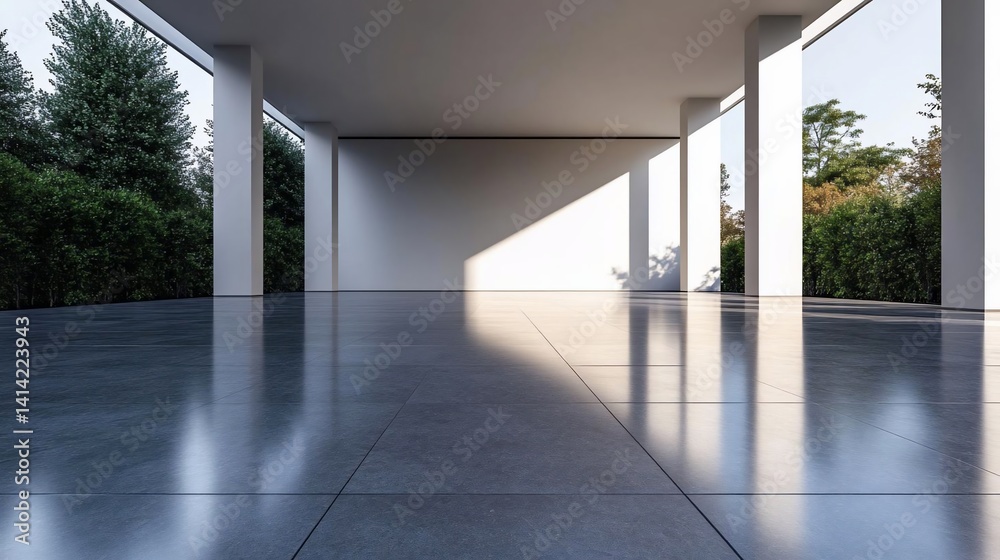 Poster architectural interior view of a modern structure featuring pillars sunlight and green foliage creat