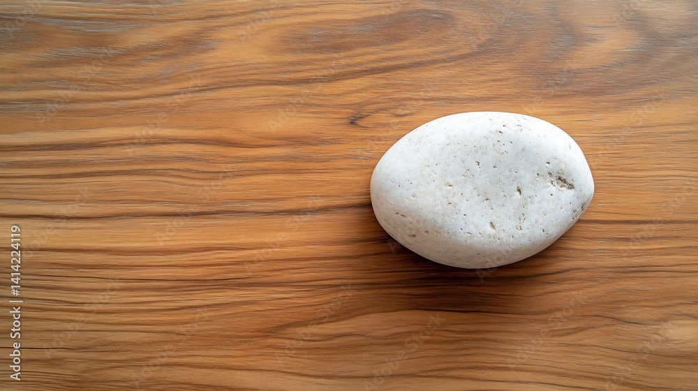 Poster Close up of a smooth white stone on a textured wooden surface. The stone is light in color with a slightly rough texture. The wood grain is visible with warm brown tones