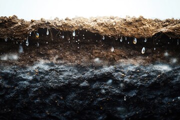 Water seeps through layers of soil, illustrating groundwater infiltration and soil composition.