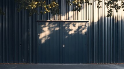 Obraz premium Warehouse Door with Shadow Patterns on Corrugated Metal Wall