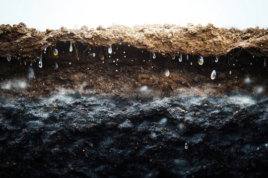 Water seeps through layers of soil, illustrating groundwater infiltration and soil composition.
