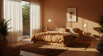 Fototapeta premium Serene Mustard Bedroom: Sunlit Minimalist Design with Warm Tones