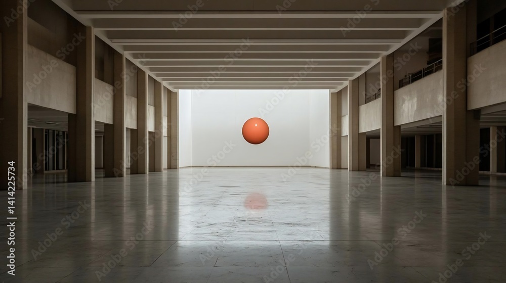 Aufkleber An abstract composition featuring a levitating spherical form within a large architectural space with reflective flooring and a stark white wall, creating a minimalist aesthetic