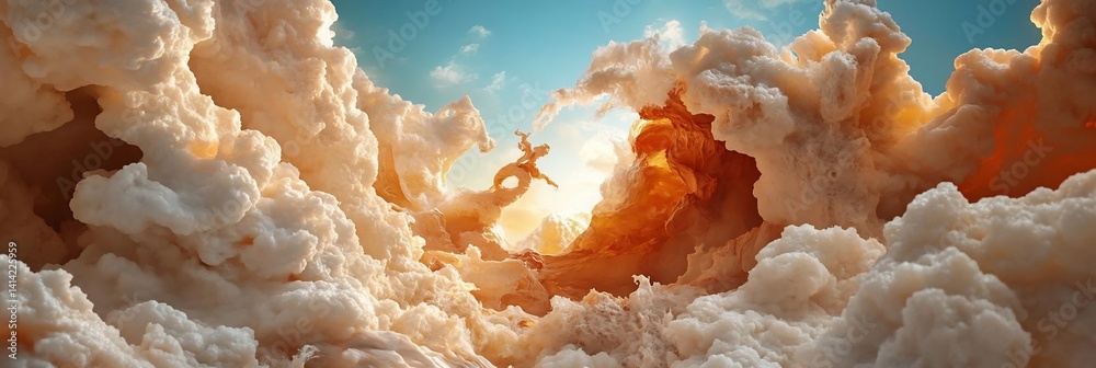 Poster Abstract digital artwork showcasing a dynamic scene with stylized clouds bathed in warm sunlight with a figure soaring through a celestial landscape