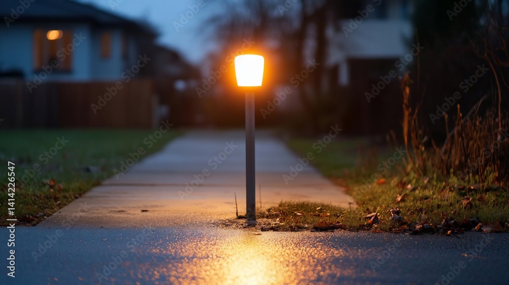 Poster Illuminated orange street lamp on a wet sidewalk at dusk reflecting soft light creating a moody atmosphere with blurry background of houses and green grass