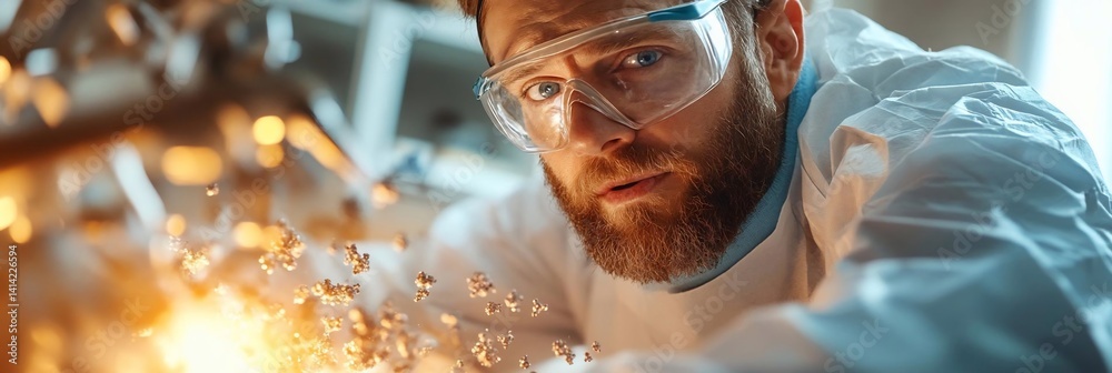 Poster Close-up of a scientist wearing protective eyewear and lab coat reacting with concern during a laboratory experiment. Sparks and particles surround the subject adding to the intensity of the scene