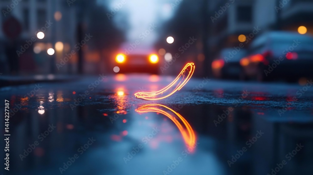 Poster abstract glowing orange arc reflecting on wet street surface with blurred background of cars and cit