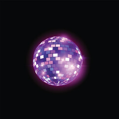 Glowing purple disco ball, vector shiny hanging mirror sphere, retro disco party, music dance club festive decoration