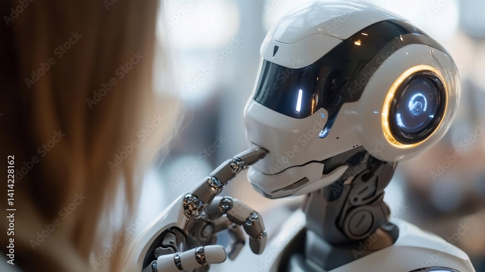 Aufkleber Close-up of a futuristic robot interacting with a human. The robot has a sleek white and black design with glowing blue eyes and intricate details. Focus on the interaction and the advanced