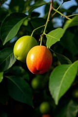 Fototapeta premium there are two fruits hanging from a tree with green leaves