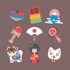 Japanese object culture collection set in isolated background